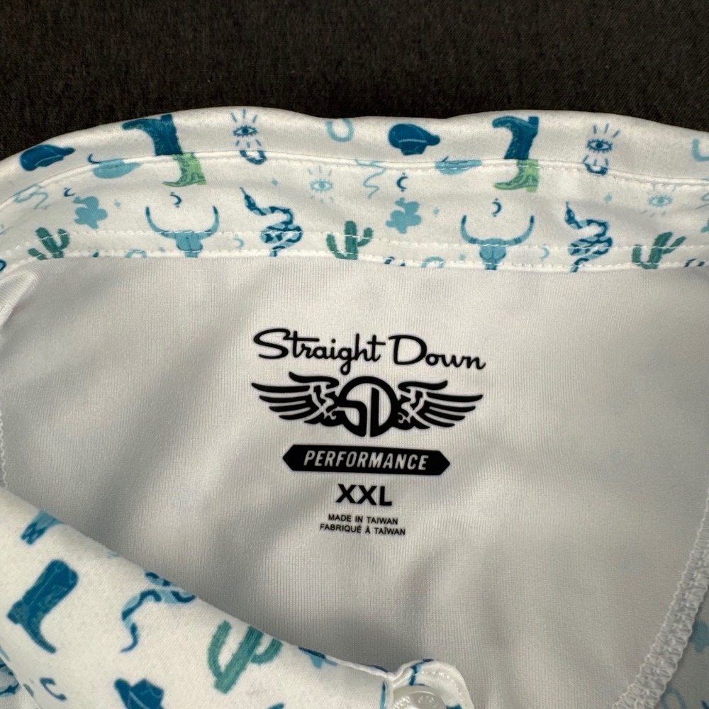 Straight Down Performance Mens XXL Golf Polo White Western Print Fort Stockton - Picture 3 of 13